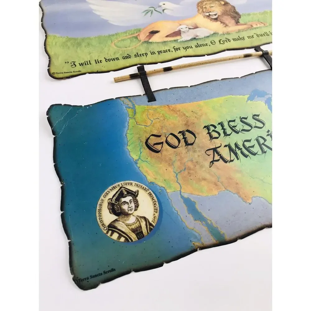 2 Hand made TERRA SANCTA SCROLLS Lion Lamb God Bless America Safety 901 926 Sea